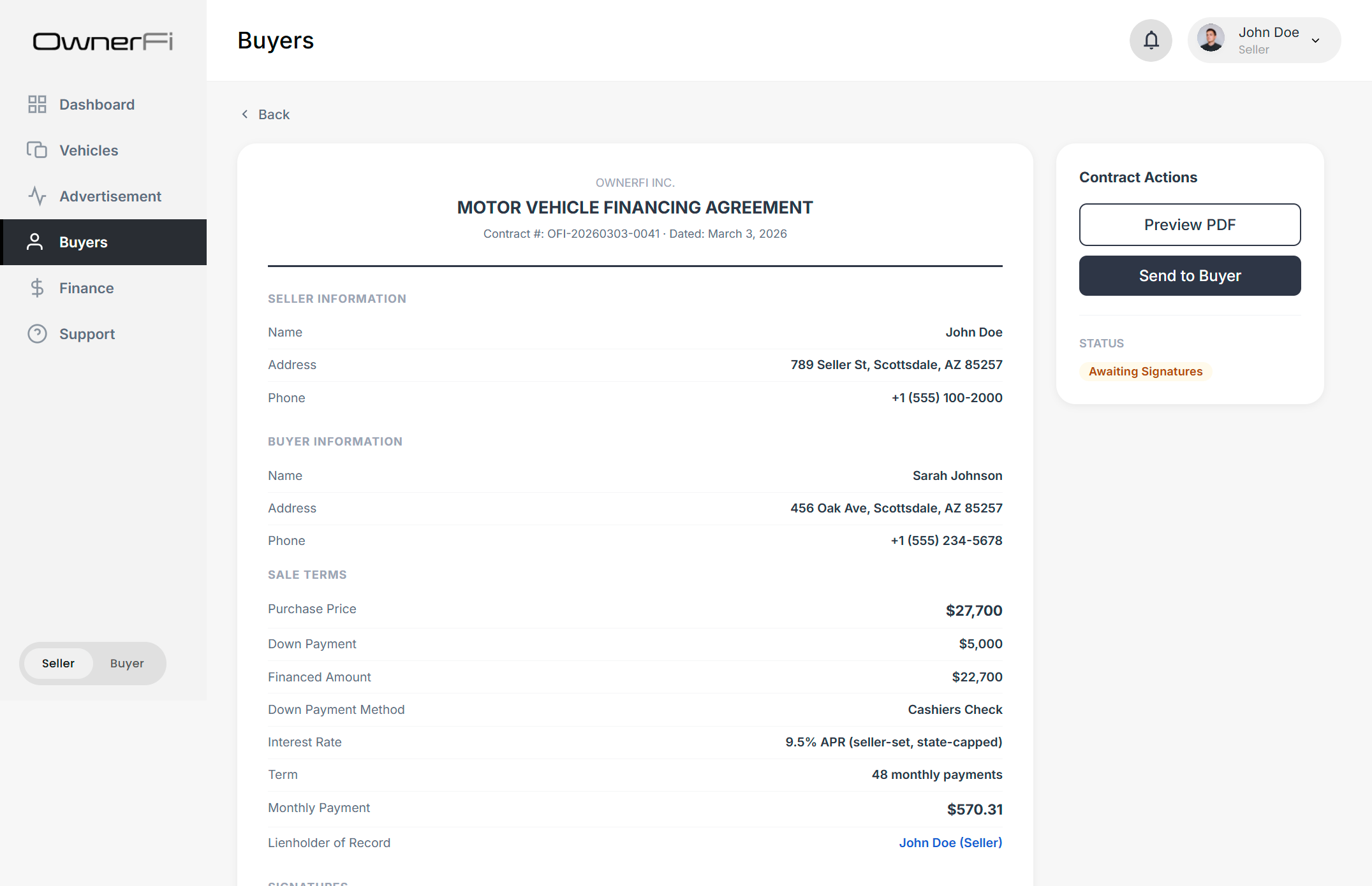Automatically generated financing agreement and bill of sale ready for digital signature